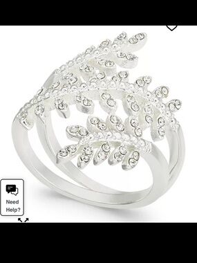 Charter Club Fine Silver Plate Crystal Leaf Wrap Ring. Size 8. New in box w/tag.